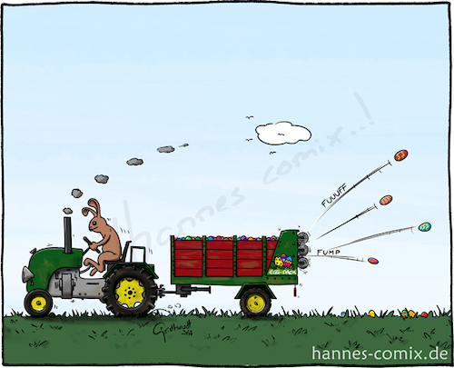 Cartoon: Eierwerfer (medium) by Hannes tagged ostern,easter,paques,ostereier,eastereggs,osterhase,easterbunny,hase,bunny,traktor,tractor,landwirtschaft,landwirt,agriculture,farmer,eier,eggs,miststreuer,muckspreader