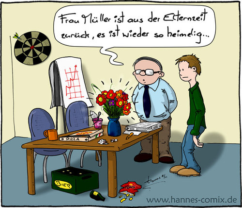 Cartoon: Elternzeit (medium) by Hannes tagged elternzeit,mutter,kind,büro,männer,chaos,unordnung,alltag,rückkehr,kollegen