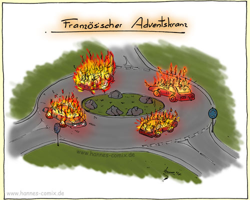 Cartoon: französischer Adventskranz (medium) by Hannes tagged advent,adventskranz,weihnachten,frankreich,auto,brennt,krawall,vorstadt,randale,ausschreitung,gewalt,kärchern,kreisel,verkehrskreisel