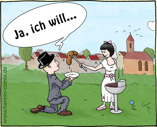 Cartoon: Heiratsantrag (medium) by Hannes tagged essen,ehepaar,ehe,köder,kirche,hochzeit,heiratsantrag,heirat,grill,frau,trauung,mann