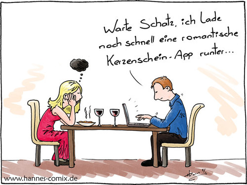 Cartoon: Kerzenschein-Dinner (medium) by Hannes tagged dinner,kerze,online,app,laptop,candlelightdinner,romantik,paar,mann,frau,essen,ausgehen,zweisamkeit,kerzenschein