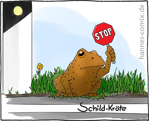 Cartoon: Schild-Kröte (medium) by Hannes tagged krötenwanderung,schildkröte,kröte,amphibien,frosch,stopschild,lotse