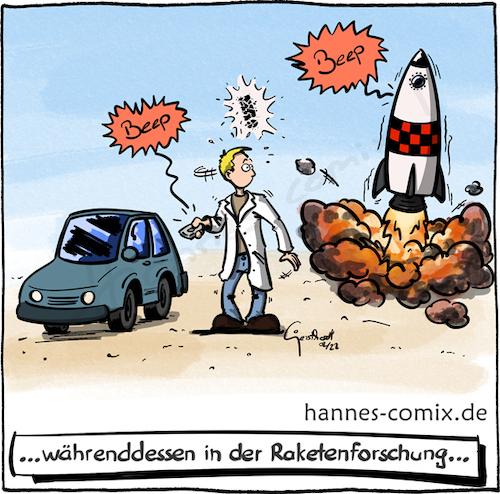 Cartoon: Verwechslungsgefahr (medium) by Hannes tagged auto,fernbedienung,forscher,forschung,hoppla,rakete,schussel,startknopf,verwechslung,car,confusion,mistake,remote,remotecontroll,rocket,science,scientist