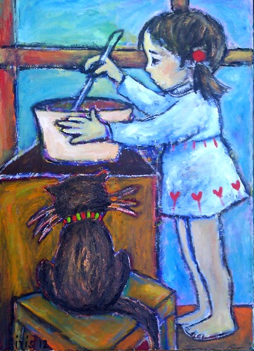 Cartoon: invitation for dinner (medium) by iris lydia tagged einladung,essen,dinner,kochen,koch,cook,kid,child,kind,mädchen,girl,invitation,cat,katze