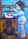 Cartoon: invitation for dinner (small) by iris lydia tagged girl,mädchen,kind,child,kid,cook,koch,kochen,dinner,essen,einladung,invitation,cat,katze