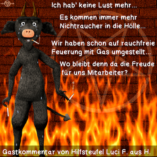 Cartoon: Gastkommentar Nichtrauchertag (medium) by PuzzleVisions tagged puzzlevisions,gastkommentar,weltnichtrauchertag,world,non,smoking,day,teufel,devil,hölle,hell,flammen,flames,rauch,smoke