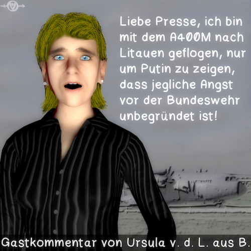 Cartoon: Gastkommentar von der Leyen (medium) by PuzzleVisions tagged puzzlevisions,verteidigungsminister,von,der,leyen,defense,minister,litauen,lituania,airbus,a400m,damage,schaden,triebwerk,turbines