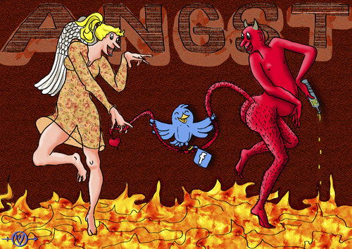 Cartoon: Keine Macht der Angst (medium) by PuzzleVisions tagged puzzlevisions,deutschland,germany,angst,fear,engel,angel,teufel,devil,twitter,facebook,german,macht,power,menschen,people