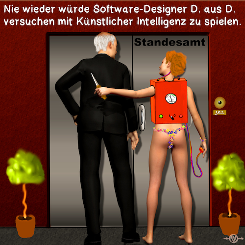 Cartoon: Künstliche Intelligenz 2 (medium) by PuzzleVisions tagged puzzlevisions,künstliche,intelligenz,artificial,intelligence,roboter,robot,standesamt,frau,mann,messer,bedrohung