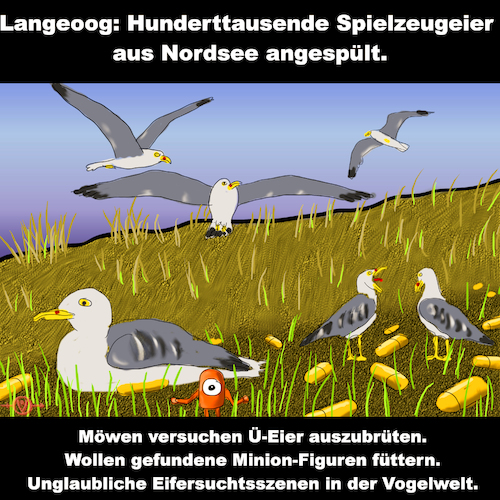 Cartoon: Langeoog (medium) by PuzzleVisions tagged puzzlevisions,üeier,überraschung,container,über,bord,langeoog,möwen,brüten,minion