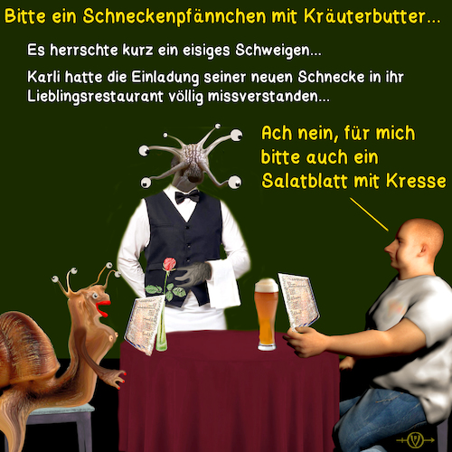 Cartoon: Schneckenromantik (medium) by PuzzleVisions tagged puzzlevisions,schnecke,snail,mussel,restaurant,romantic,romantik,salat,salad