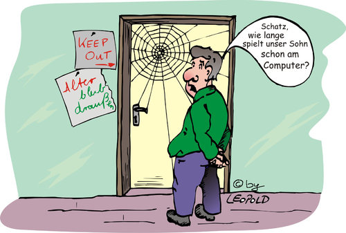 Cartoon: Elternfreuden (medium) by Leopold tagged blau,spinne,schilder,tür,spinnweben,vater,computer,pc