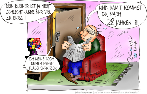 Cartoon: Missverständnis (medium) by Leopold tagged gut,kurz,wohnzimmer,sessel,ehemann,frau,ehefrau,mann,flaschenputzer,flaschenbürste