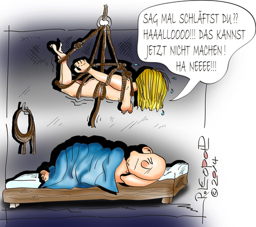 Cartoon: Pause (medium) by Leopold tagged bondage,erotik,bett,mann,frau,fetisch,seil,strick