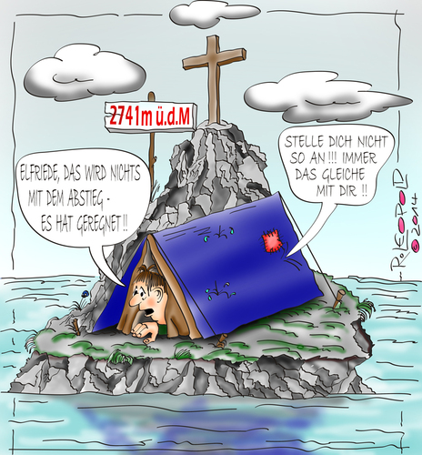 Cartoon: Sintflut (medium) by Leopold tagged wasser,mann,mensch,ehefrau,regen,sintflut,zelten,gipfelkreuz,gipfel,berggipfel