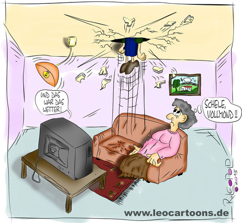 Cartoon: Vollmond (medium) by Leopold tagged television,red,moon,livingroom,hole,full,floor,couple,anger,zimmer,wut,vollmond,sofa,rot,loch,fernseher,ehepaar,decke,bunt