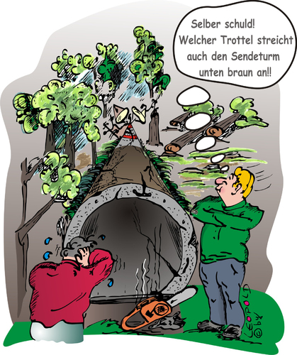 Cartoon: Waldarbeiten (medium) by Leopold tagged fällen,baum,waldarbeiter,kettensäge,sendeturm,wald