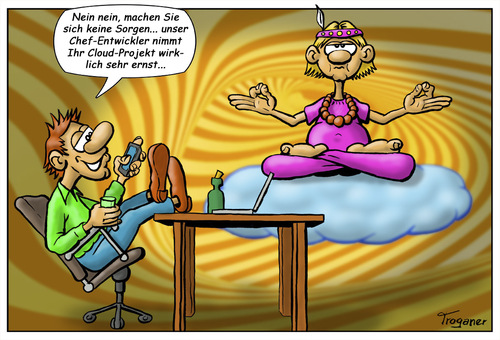 Cartoon: Cloud-Entwickler bei der Arbeit (medium) by Troganer tagged cartoon,cloud,internet,entwickler,kunde