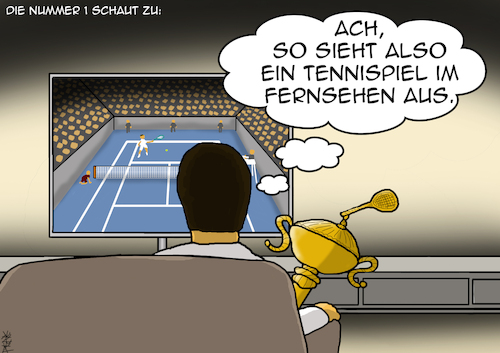 Cartoon: Die Nummer 1 schaut zu (medium) by pierre-cda tagged australien,einreisebestimmungen,quarantäne,coronaregeln,impfstatus,djokovic,tennis,austarlienopen,tennisturnier,einreisevisum,2gregel,genesen,abschiebehotel,sport