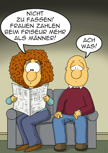 Cartoon: Frauen zahlen mehr (medium) by pierre-cda tagged frauen,diskriminierung,kosten,geld,teuer,frisör,friseur,haare,preise,ungerechtigkeit,ungleichheit,benachteiligung,geschlecht,ausgaben