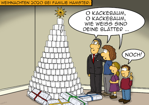 Cartoon: O Kackebaum (medium) by pierre-cda tagged weihnachten,2020,hamsterkäufe,corona,lockdown,pierrecda,klopapier,toilettenpapier,shutdown,pandemie,virus,kackebaum,klorollen,supermarkt,lieferketten,warenbestand