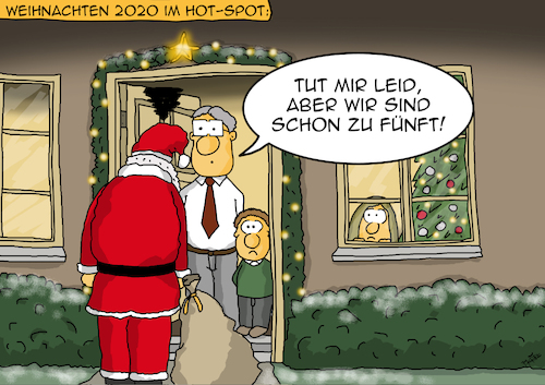 Cartoon: schon zu viel (medium) by pierre-cda tagged hotspot,hot,spot,weihnachten,2020,coronaregeln,personenzahl,kontakte,familienfeiern,pandemie,feiertage,kontaktbeschränkungen,coronamaßnahmen,weihnachtsmann,fünf,personen,maximal,zwei,haushalte,pierrecda