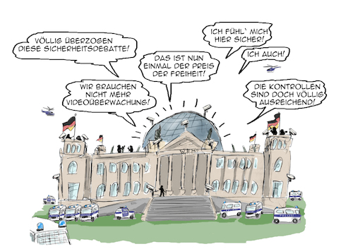 Cartoon: Sicherheitsdebatte (medium) by pierre-cda tagged sicherheitsdebatte,terror,videoüberwachung,bundestagswahlen,sicherheit,angst,islamismus,innenpolitik,flüchtlingspolitik,freiheit,demokratie,berlin,terroranschlag,bundeswehreinsatz