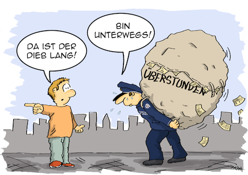 Cartoon: Überstunden (medium) by pierre-cda tagged überstunden,polizei,justiz,öffentlicher,dienst,personalmangel,sicherheit,aktuell