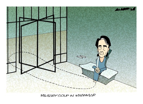 Cartoon: Aung San Suu Kyi (medium) by Amorim tagged aung,san,suu,kyi,myanmar,militar,coup