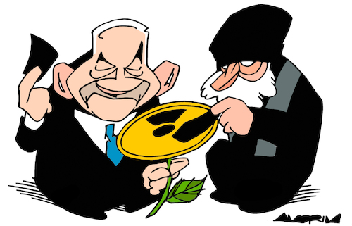Cartoon: He loves me... he loves me not (medium) by Amorim tagged iran,israel,nuclearwar,he,loves,me,iran,israel,nuclearwar