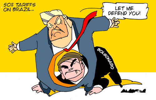 Cartoon: Shield (medium) by Amorim tagged trump,tariff,brazil,jairbolsonaro,trump,tariff,brazil,jairbolsonaro