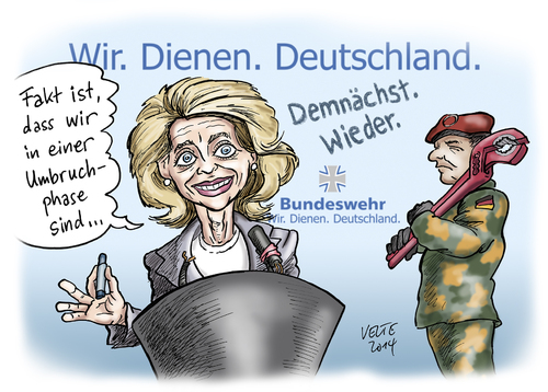 Cartoon: Einsatzbereitschaft (medium) by thomasvelte tagged politik,bundeswehr,von,der,leyen,einsatzbereitschaft,eingeschränkt,wir,dienen,deutschland,umbruchphase