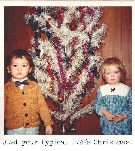 Cartoon: 1970s Christmas (medium) by Ian Baker tagged christmas,xmas,1970s,1970,seventies,sheffield,england,tree,decorations,kids,ian,baker,cartoon,caricature,parody,spoof,nostalgia,cute,debbie,clough,cousin,festive,season,cardigan,bow,tie,father,december,winter,vintage