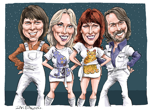 Cartoon: ABBA (medium) by Ian Baker tagged abba,1972,stockholm,sweden,agnetha,faltskog,bjorn,ulvaeus,benny,andersson,anni,frid,lyngstad,eurovision,pop,rock,group,band,70s,glam,ian,baker,cartoon,caricature,waterloo,napoleon,dancing,queen,sos