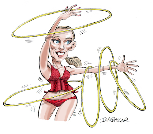 Cartoon: Alexandra Malter (medium) by Ian Baker tagged alexandra,malter,magic,hoola,hoops,dance,belgian,balancing,variety,showbiz,aerial,artist,circus,female,ian,baker,cartoon,cartoonist,caricature,satire,parody,humour,beautiful,performer