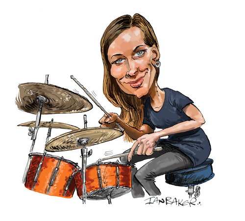 Cartoon: Anika Nilles (medium) by Ian Baker tagged anika,nilles,music,musician,drummer,drums,percusion,rythm,rock,jazz,snare,cymbels,ian,baker,cartoon,caricature,parody,spoof,satire,illustration,jeff,beck,band,tour,group