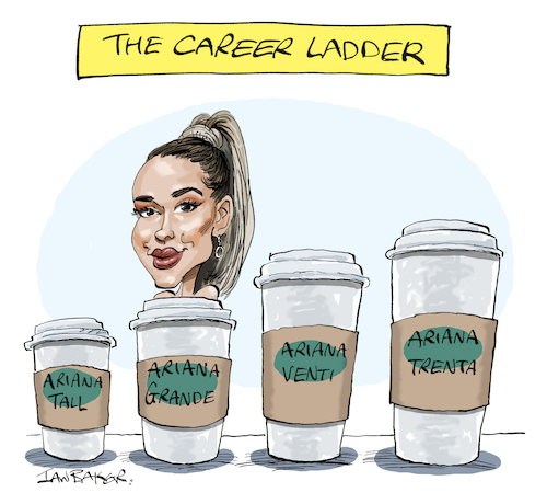 Cartoon: Ariana Grande (medium) by Ian Baker tagged ariana,grande,coffee,size,cup,career,ladder,tall,music,musician,ian,baker,cartoon,caricature,spoof,parody,satire,comedy,humour,famous,singer,starbucks,costa