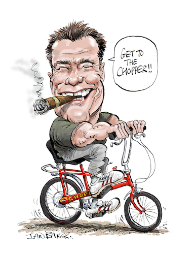 Cartoon: Arnold Schwarzenegger getting to (medium) by Ian Baker tagged arnold,schwarzenegger,raleigh,chopper,action,hero,muscle,mr,olympia,governor,movies,films,bicycle,70s,ian,baker,cartoon,caricature,spoof,parody,satire,illustration,austria,speed