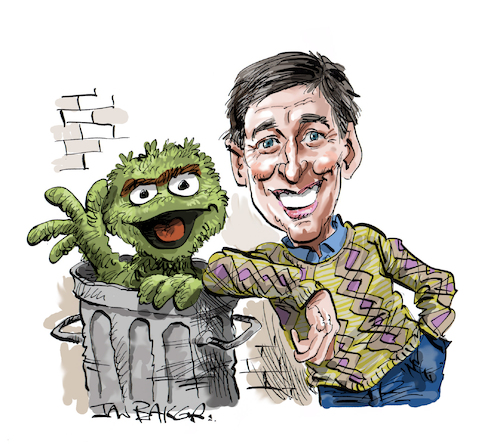 Cartoon: Bob McGrath RIP (medium) by Ian Baker tagged bob,mcgrath,ian,baker,cartoon,caricature,oscar,the,grouch,puppet,puppets,big,bird,sesame,street,childrens,television,network,jim,henson