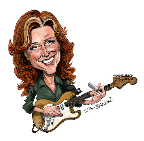 Cartoon: Bonnie Raitt (medium) by Ian Baker tagged bonnie,raitt,ian,baker,cartoon,caricature,music,musician,guitar,country,blues,slide,vocals,red,hair,fender