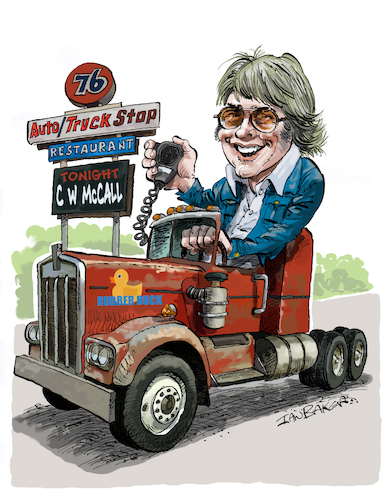 Cartoon: C W McCall Convoy (medium) by Ian Baker tagged mccall,convoy,70s,film,truck,trucking,cb,radio,thriller,comedy,rubber,duck,ian,baker,cartoon,caricature,parody,gag,stop,highway,interstate,usa,america,song