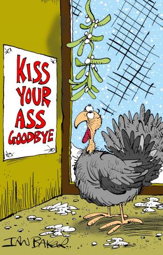 Cartoon: Christmas Card (medium) by Ian Baker tagged christmas,card,turkey,mistletoe,kissing