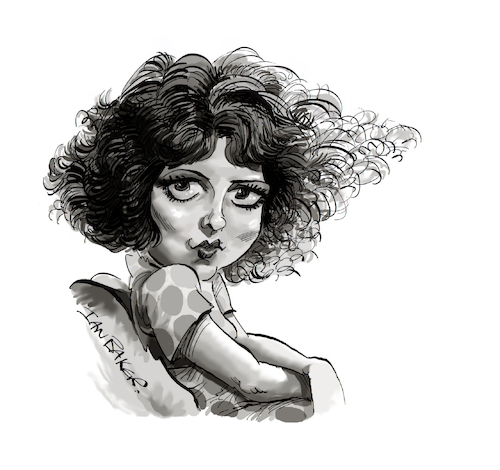 Cartoon: Clara Bow (medium) by Ian Baker tagged clara,bow,20s,30s,hollywood,it,girl,actress,films,movies,cinema,new,york,usa,ian,baker,cartoonist,cartoon,caricature,illustration,comic,parody,spoof,satire,black,and,white,silent,talkies,hula,grass,skirt,flapper,seductress,vivacious,icon,iconic,art,deco