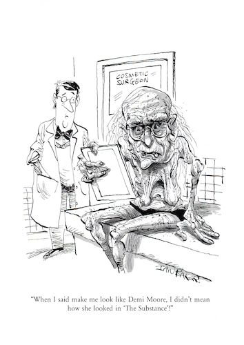 Cartoon: Demi Moore The Substance (medium) by Ian Baker tagged the,substance,2024,demi,moore,margaret,qualley,dennis,quaid,horror,movie,film,body,ian,baker,cartoon,cartoonist,caricature,parody,gag,spoof,satire,ugly,old,ageing,age,aged,naked,wrinkled,youth,cosmetic,surgery,drug,disfigurement,nudity,sc,fi,drama,medical