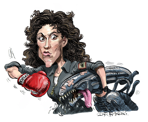 Cartoon: Ellen Ripley (medium) by Ian Baker tagged ellen,ripley,ian,baker,sigourney,weaver,alien,space,sci,fi,horror,cartoon,caricature,ridley,scott,70s,fight,boxing,glove