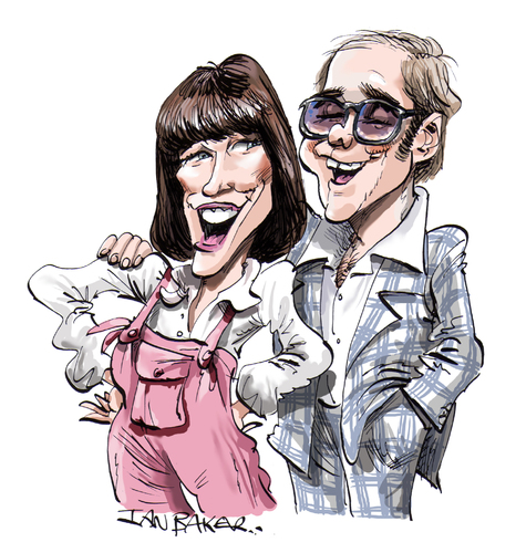 Cartoon: Elton John and Kiki Dee (medium) by Ian Baker tagged elton,john,kiki,dee,music,pop,seventies,70s,ian,baker,caricature,rocket,records,dont,go,breaking,my,heart,number,one,style,clothes,fashion