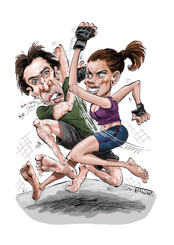 Cartoon: Emma May Cage Fighter (medium) by Ian Baker tagged nicolas,cage,emma,may,mma,mixed,martial,arts,fight,fighting,sexy,woman,film,star,blood,teeth,ian,baker,cartoon,caricature,spoof,parody,satire,illustration