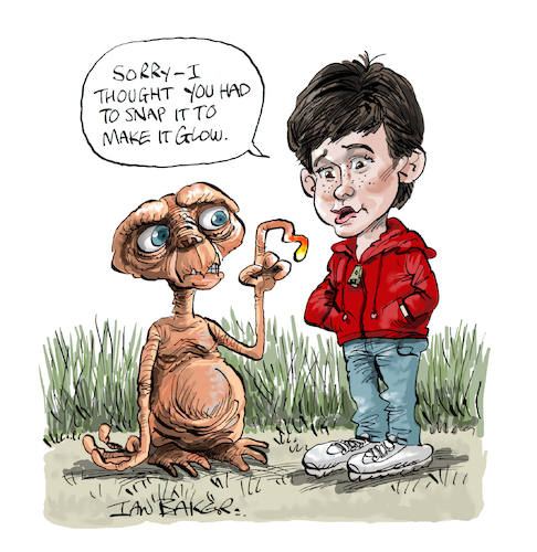 Cartoon: E.T. (medium) by Ian Baker tagged et,extra,terrestrial,steven,spielberg,ian,baker,cartoon,caricature,spoof,parody,humour,funny,alien,space,ufo,spaceship,monster,creature,tiny,henry,thomas,drew,barrymore,peter,coyote,dee,wallace,robert,macnaughton,california,usa,80s,fairy,tale