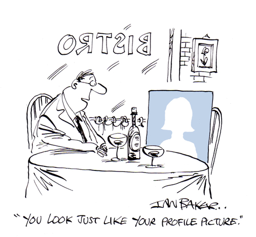 Cartoon: Facebook (medium) by Ian Baker tagged ian,baker,gag,cartoon,magazine,humour,comedy,satire,private,eye,social,media,date,dating,facebook,twitter,profile,picture,avatar,woman,man,meal,bistro,restaurant