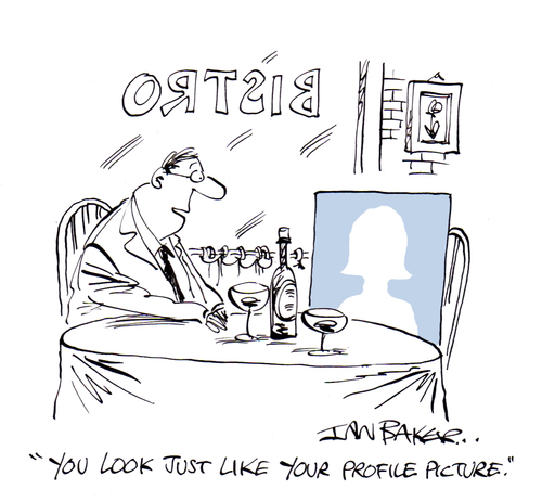 Cartoon: Facebook (medium) by Ian Baker tagged ian,baker,gag,cartoon,magazine,humour,comedy,satire,private,eye,social,media,date,dating,facebook,twitter,profile,picture,avatar,woman,man,meal,bistro,restaurant